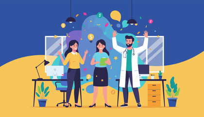 Team celebrating success in an office with floating ideas and money symbols Professional achievement