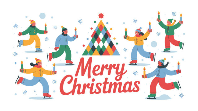 Winter Wonderland Cheer: A festive illustration showcasing joyful individuals ice skating with candles, a charming holiday scene featuring Christmas elements and a warm message of celebration.
