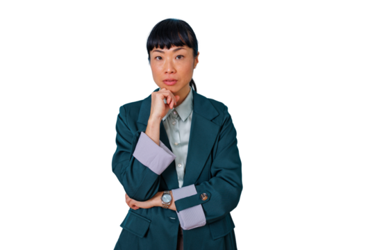 Asian businesswoman thinking, solving problem, planning strategy, contemplating solution, transparent background