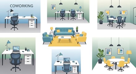 Modern Coworking Space Designs - Desks, Lounges, and Meeting Areas.