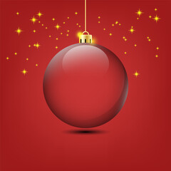 Shiny red Christmas ball ornament vector with gold top and floating stars on a red background.