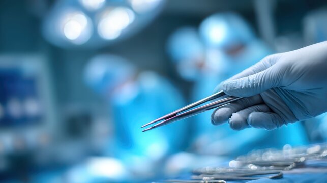 Gloved Hand Holding Tweezers in Operating Room