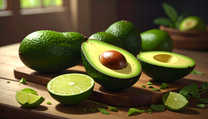 A halved avocado with a lime wedge, perfect for adding to salads or as a healthy snack.