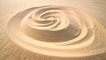 Swirling pattern carved into golden sand, forming concentric circles and curves. Shot from above, sunny and bright