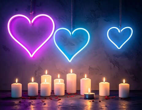 Illuminated hearts and lit candles create a romantic atmosphere - Powered by Adobe