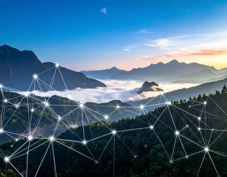 Scenic mountain vista with network overlay against a sunrise