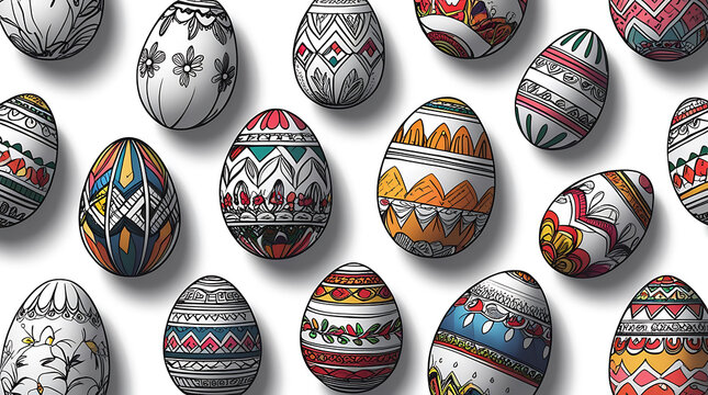 Colorful decorative Easter eggs pattern with ornaments and traditional folk motifs, vibrant festive illustration background perfect for spring designs and holiday decoration.