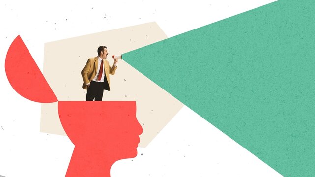 Conceptual composition of a man shouting through megaphone inside head silhouette. Concept of communication, influence, leadership presence, strong personal voice, and persuasive internal messaging.