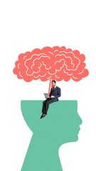 Creative artwork of a man working on a laptop inside an open head with a stylized brain above. Concept of creativity, productivity, cognitive focus, and mental innovation driving new ideas forward.