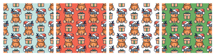 Christmas seamless pattern Set. Xmas background with cute baby deer and gifts. Festive greeting texture with comic character. Wintertime design. Vector illustration