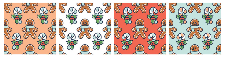 Set of Christmas seamless patterns. Xmas background with funny Doodle characters.  Traditional festive biscuitand candy. Wintertime design. Vector illustration