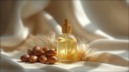 Argan Oil Bottle With Nuts Arranged on Elegant Fabric