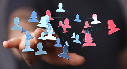 Concept of social network and global communication. The hand is holding digital network connections with people icons.