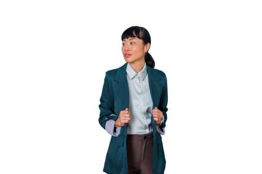 Asian executive woman posing in blazer and collared shirt, confidently looking away on transparent background