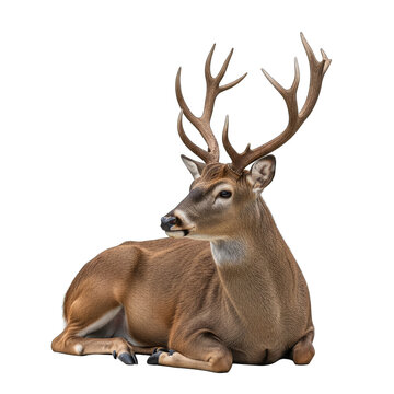Majestic Deer with Large Antlers Lying Down and Facing Left in a Detailed Stippling Art Style on a Transparent Background
