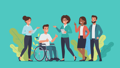 Diverse business team supporting a disabled colleague in a wheelchair illustrating workplace inclusion