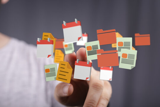 Abstract visual representation of file sharing, data access, and information processing. Modern concept of technology. Hand holding digital docu
