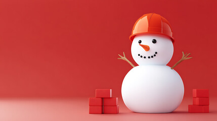 A charming snowman dons a construction hat, nestled against a vibrant red backdrop, with red blocks adding a playful touch.  Symbolizing winter building fun.
