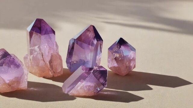 Purple amethyst crystals on sand, arranged upright and glowing in the sunlight.