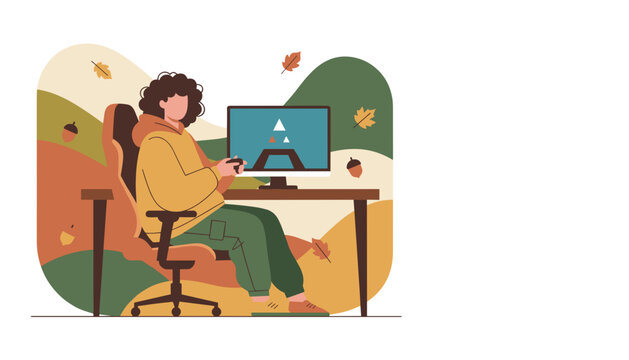 Casual gamer playing console games at a desk in cozy fall colors