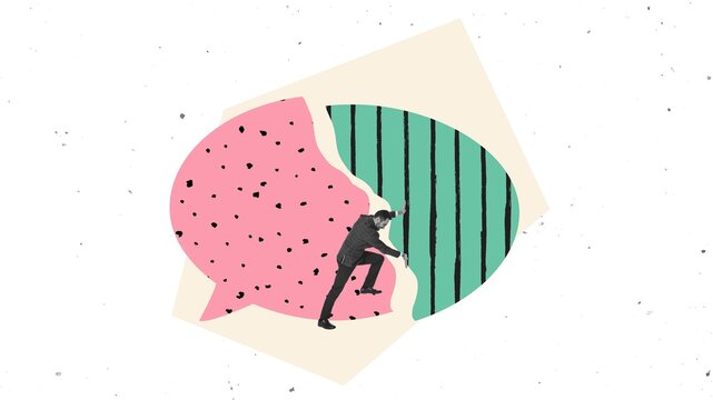 Modern composition featuring a man pushing between two giant patterned speech bubbles. Concept of conflict resolution, communication barriers, and workplace tension.