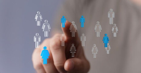 Abstract concept of online network interaction. Human icons with hand touch symbolizing digital connection, communication and social media.