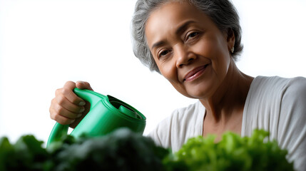 Senior woman tending to her indoor garden with a watering can