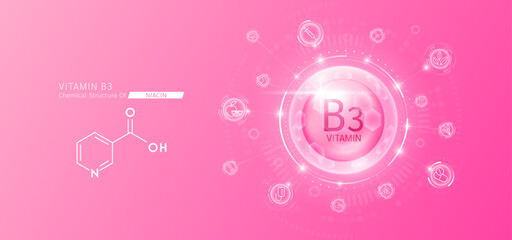 Synthetic natural vitamin B3 in hexagonal dome pink. Surrounded by fruit, vegetable, syringe, pills and IV bag icons. Chemical structure of Niacin. Medical scientific concepts. Vector.