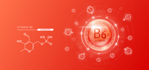 Synthetic natural vitamin B6 in hexagonal dome red. Surrounded by fruit, vegetable, syringe, pills and IV bag icons. Chemical structure of Pyridoxine. Medical scientific concepts. Vector.