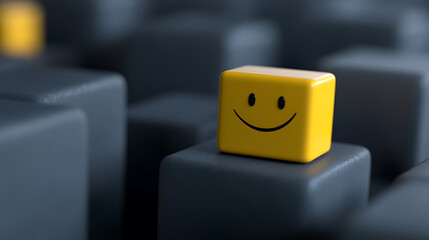 A bright yellow cube with a cheerful smiley face rests atop muted gray cubes, creating a minimalist, conceptual image. The image evokes themes of positivity and optimism.