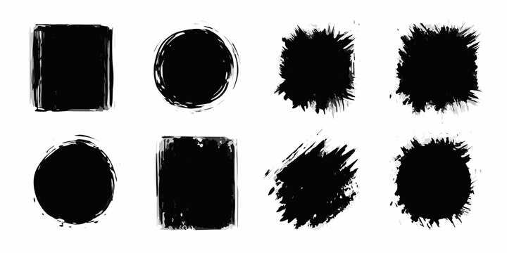 Collection of eight black abstract grunge brush stroke shapes and frames on white background