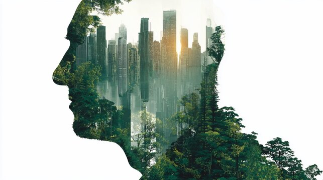 Silhouette of a head filled with city skyscrapers and lush forest, an inside-out perspective