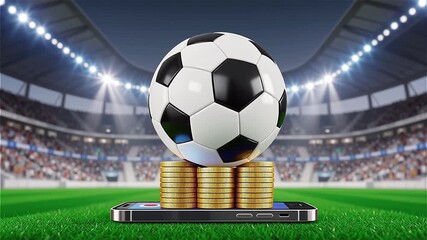 3D Render of a Soccer Ball Resting on Stacks of Golden Coins and a Smartphone on a Stadium Pitch, Symbolizing High-Stakes Mobile Sports Betting and Financial Investment - Powered by Adobe