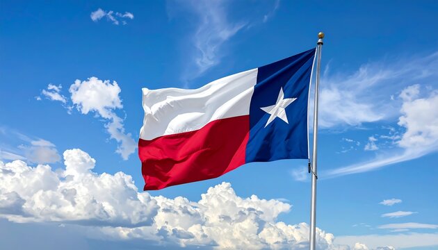 The Texas flag waves proudly against a backdrop of blue sky dotted with fluffy white clouds on a sunny day