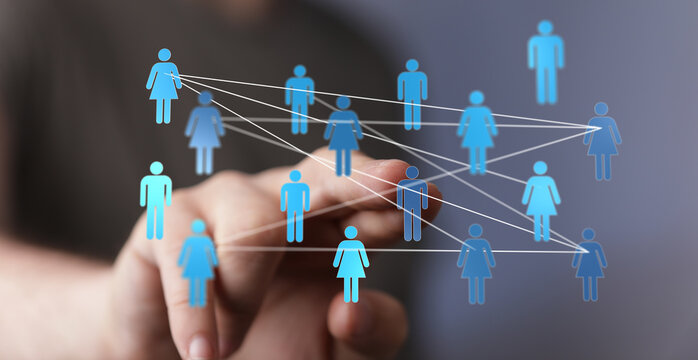 Hand pointing at connected people representing networking, social media, communication, and human connections. Illustration of a network society