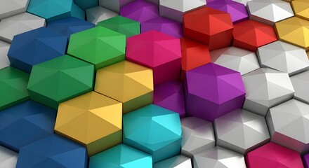Obraz premium Interlocking hexagons filled with 10 colours, creating a crystal–like 3D effect