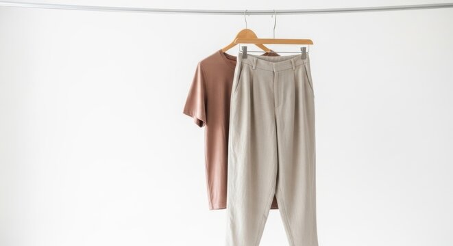 A minimalist outfit featuring a dusty rose t-shirt and beige high-waisted trousers hanging on a wooden hanger against a white background. - Powered by Adobe