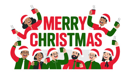 Warm Christmas Wishes: A cheerful gathering of individuals raises mugs in a festive toast, surrounded by the message of Merry Christmas.