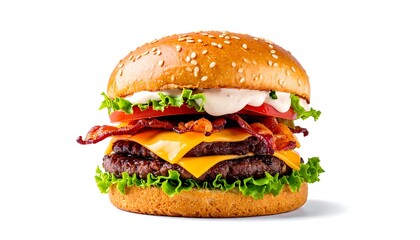 Tall double cheeseburger with lettuce, tomato, bacon, and creamy white sauce on a sesame seed bun isolated on white