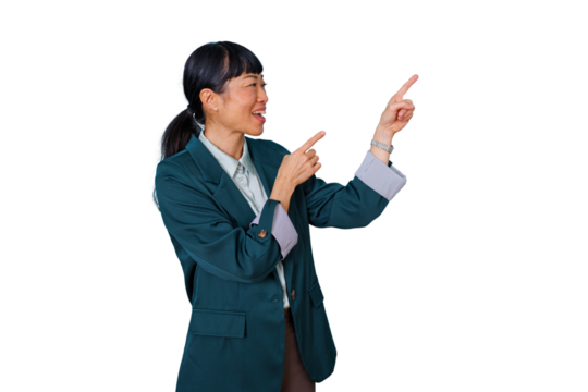 Asian businesswoman gesturing and pointing fingers to the right, showing information or a concept with a transparent background