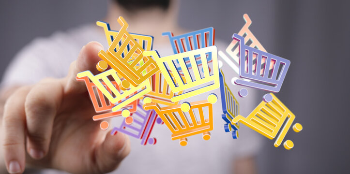 Abstract image of a hand interacting with floating shopping cart icons, representing online shopping, sales and digital economy. - Powered by Adobe