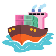 Front View Cargo Ship Vector Illustration – Modern Container Vessel on Ocean Waves, shipping boat, cargo ship