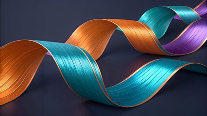 Intertwined Metallic Ribbons in Turquoise, Orange, and Purple – Abstract 3D Design, Glossy Texture, Fluid Motion, Dark Background, Vibrant Colors, Digital Art