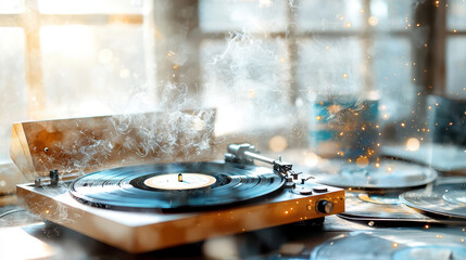 Vintage turntable playing vinyl records, surrounded by warm, nostalgic atmosphere with soft light and sparkling dust particles