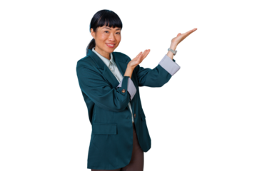 Asian businesswoman presenting new ideas and information with an open hand gesture, smiling, wearing a blazer, transparent background