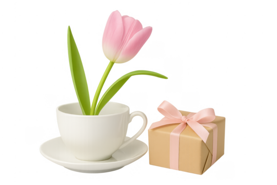 Pink tulip in cup with gift box, transparent background