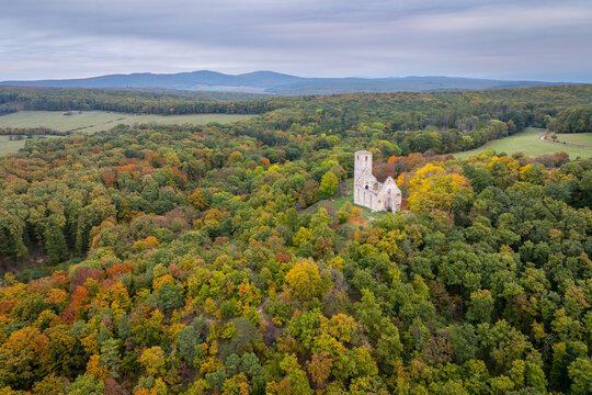 Aerial View of the Katar&iacute;nka Monastery and Church Ruins of St. Catherine Surrounded by Autumn Forests in the Little Carpathians, Slovakia