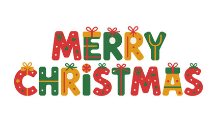 Merry Christmas Celebration: a lively and colorful illustration, with the words Merry Christmas adorned with gift box accents, sets a festive mood, inviting celebration and holiday cheer. 
