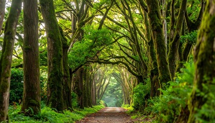 Tranquil pathway through a lush green forest tunnel, bathed in soft light filtering through the tree canopy