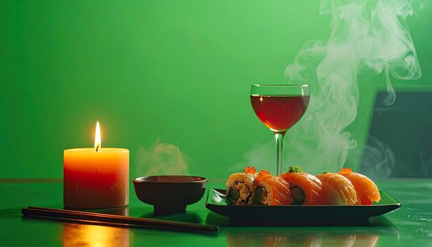Sushi, wine, & candle on a green surface with rising smoke create an ambiance